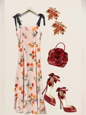 Gianni Bini Blush Maxi Dress with Orange Rose Print and Black Ties